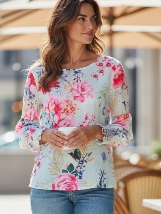 Tops - Floral Print Women's Top - Multicolor Sheer Sz.L